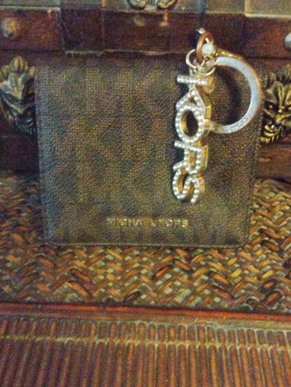 Michael Kors Brown and Gold Logo Card Holder with Crystal MK Key Charm